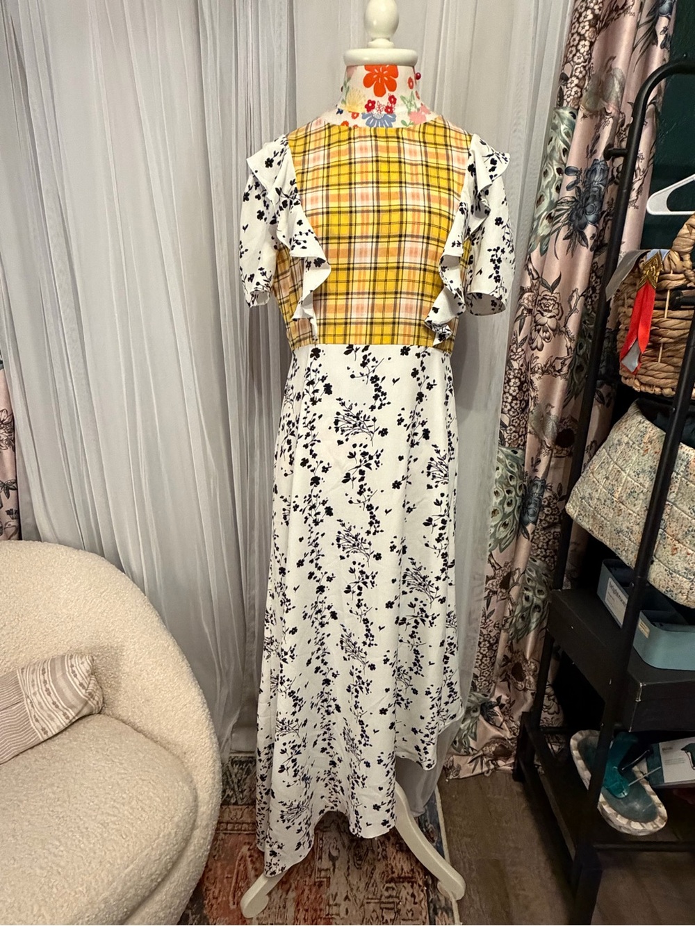 Glamorous Yellow Plaid and White Floral Maxi Dress